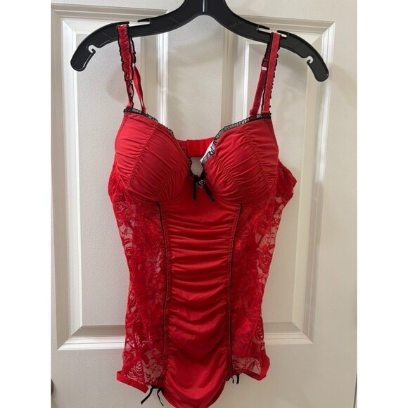 Y2K PLAYBOY CLASSIC CORSET LINGERIE Red stains rose lace sinched bustier top L - Picture 1 of 10